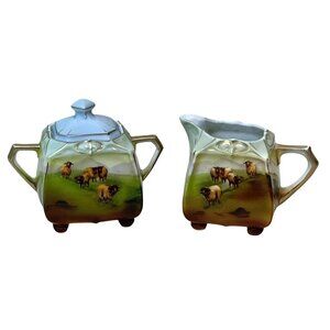 Vintage Royal Bayreuth Sheep on Pasture Creamer & Sugar Bowl with Lid Bavaria